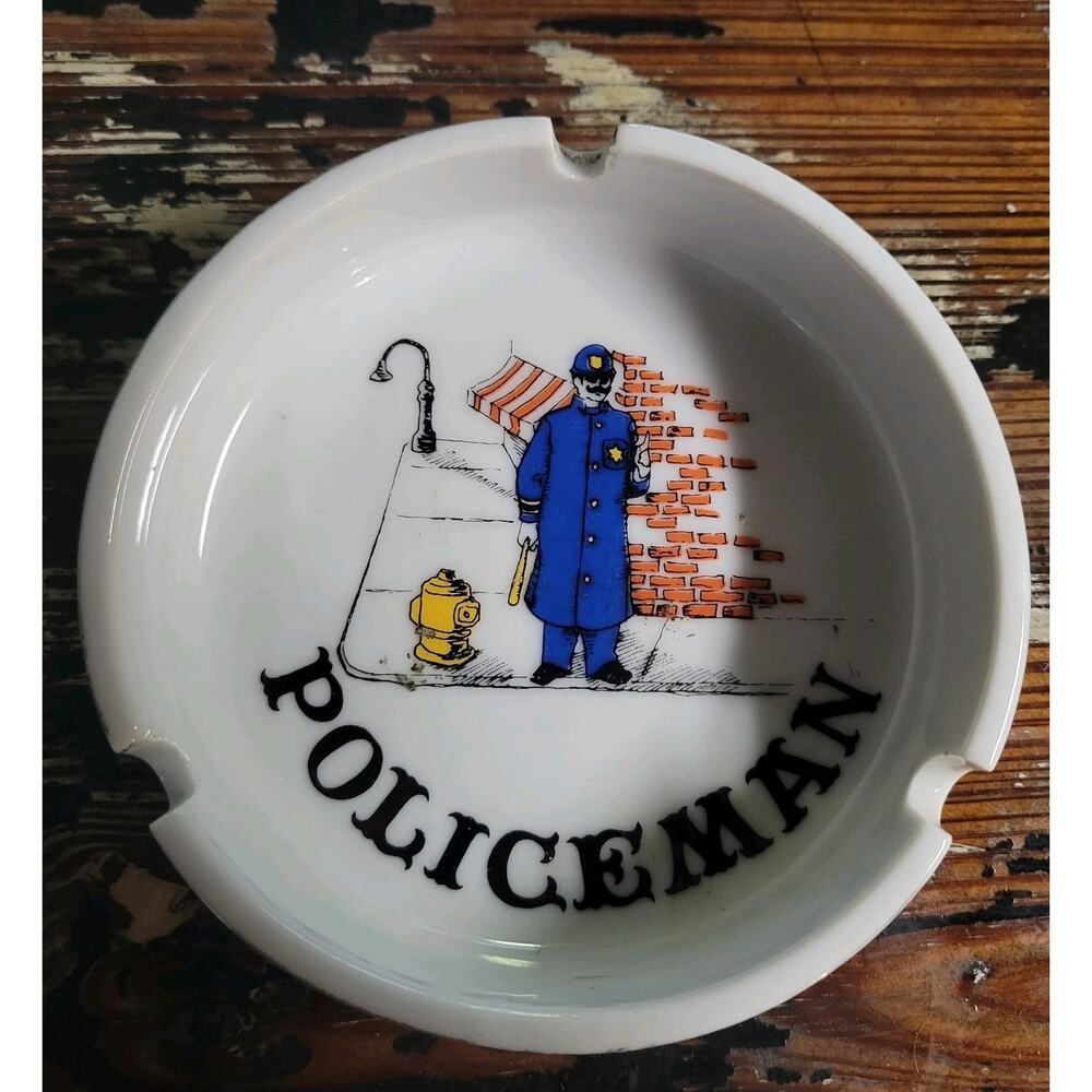 Knobler Occupational Policeman Vtg. Ceramic Ashtray Bold Vibrant Design